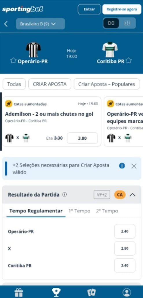 Tela de apostas no futebol na Sportingbet