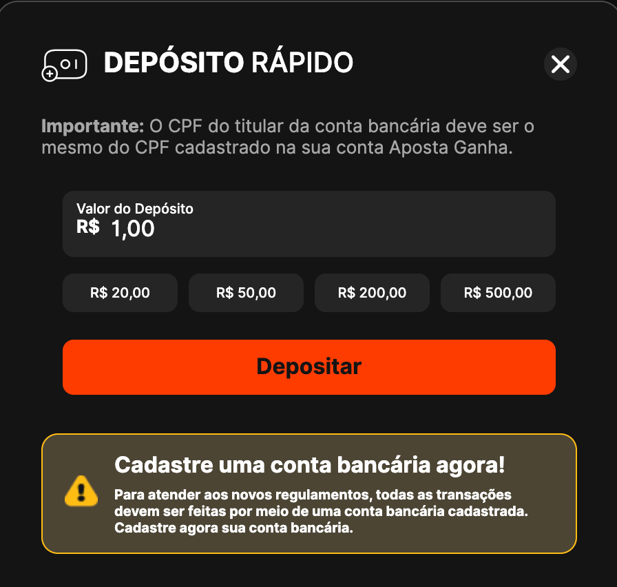 captura de tela do depósito de R$1 na Aposta Ganha