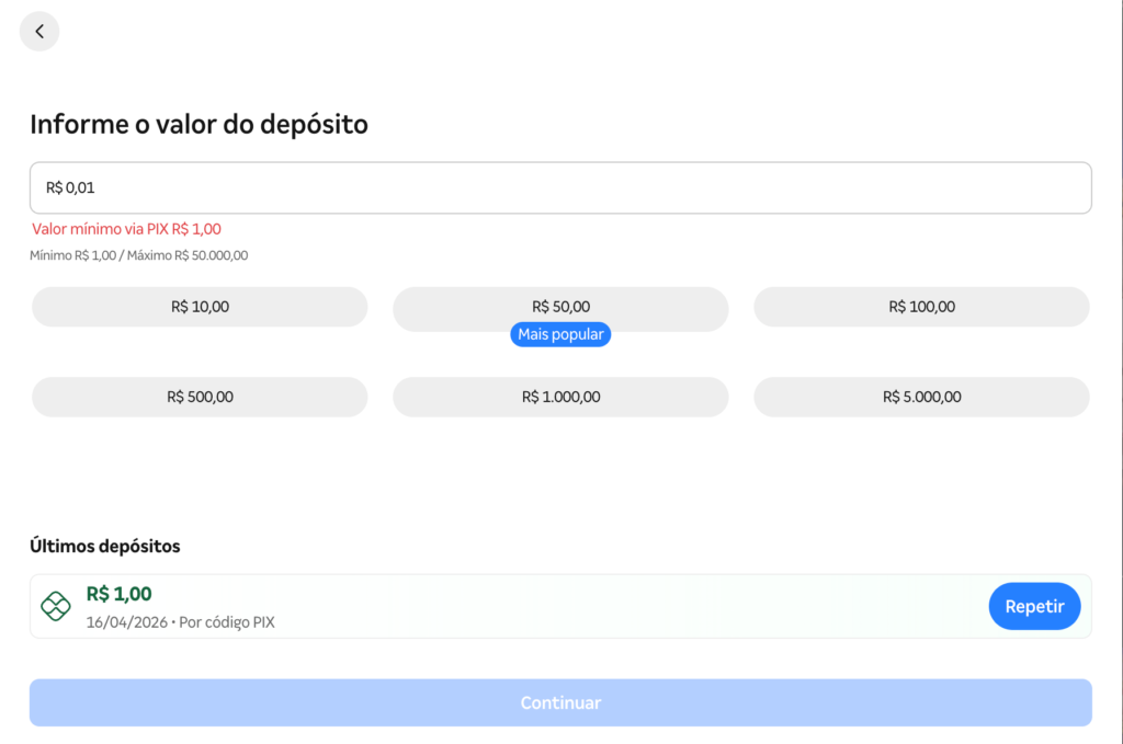 captura de tela do depósito de R$1 na Betnacional