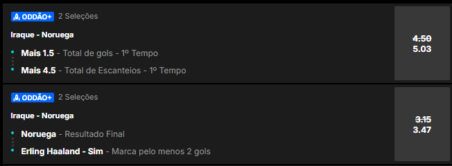 super odds para Iraque x Noruega pela Copa do Mundo