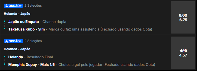 super odds para o jogo Holanda x Japão pela Copa do Mundo