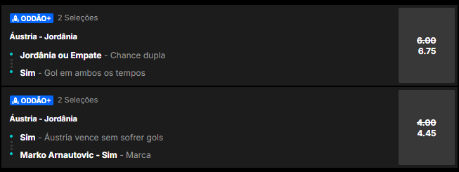 super odds para Áustria x Jordânia pela Copa do Mundo