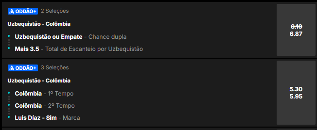 super odds para o jogo Uzbequistão x Colômbia pela Copa do Mundo