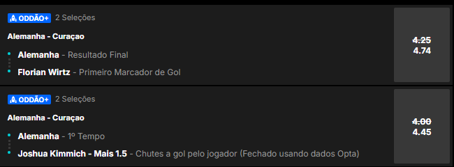 super odds para Alemanha x Curaçao pela Copa do Mundo
