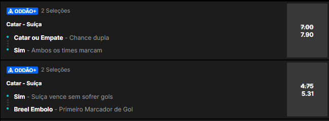 super odds para o jogo Catar x Suíça pela Copa do Mundo