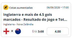 super odds para o amistoso Inglaterra x Nova Zelândia